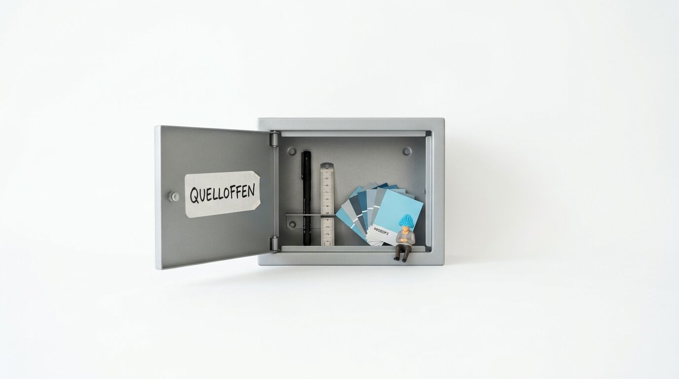 Grauer Safe mit Aufschrift QUELLOFFEN, Stift, Lineal, Farbkarten und kleiner Figur