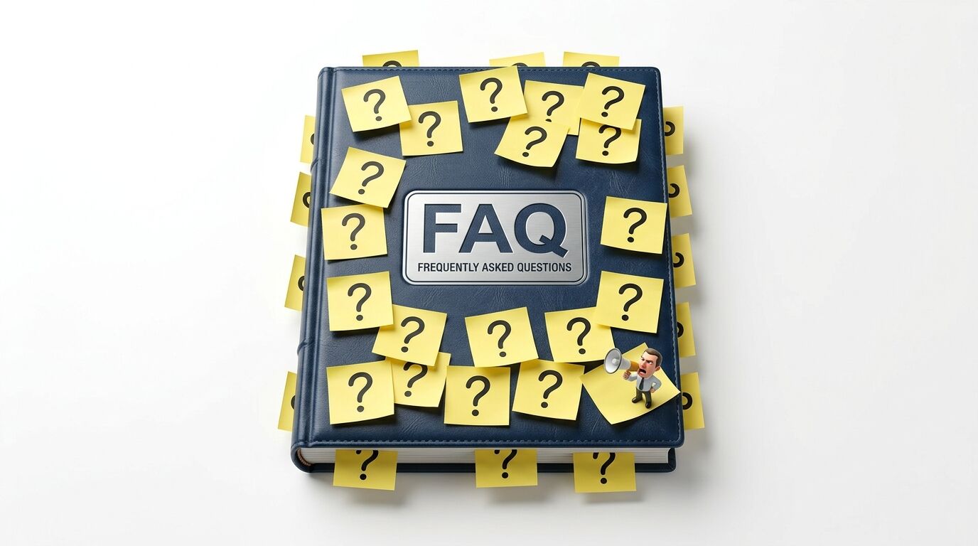 Blaues FAQ-Buch umringt von gelben Haftnotizen mit Fragezeichen und kleiner Figur mit Megafon