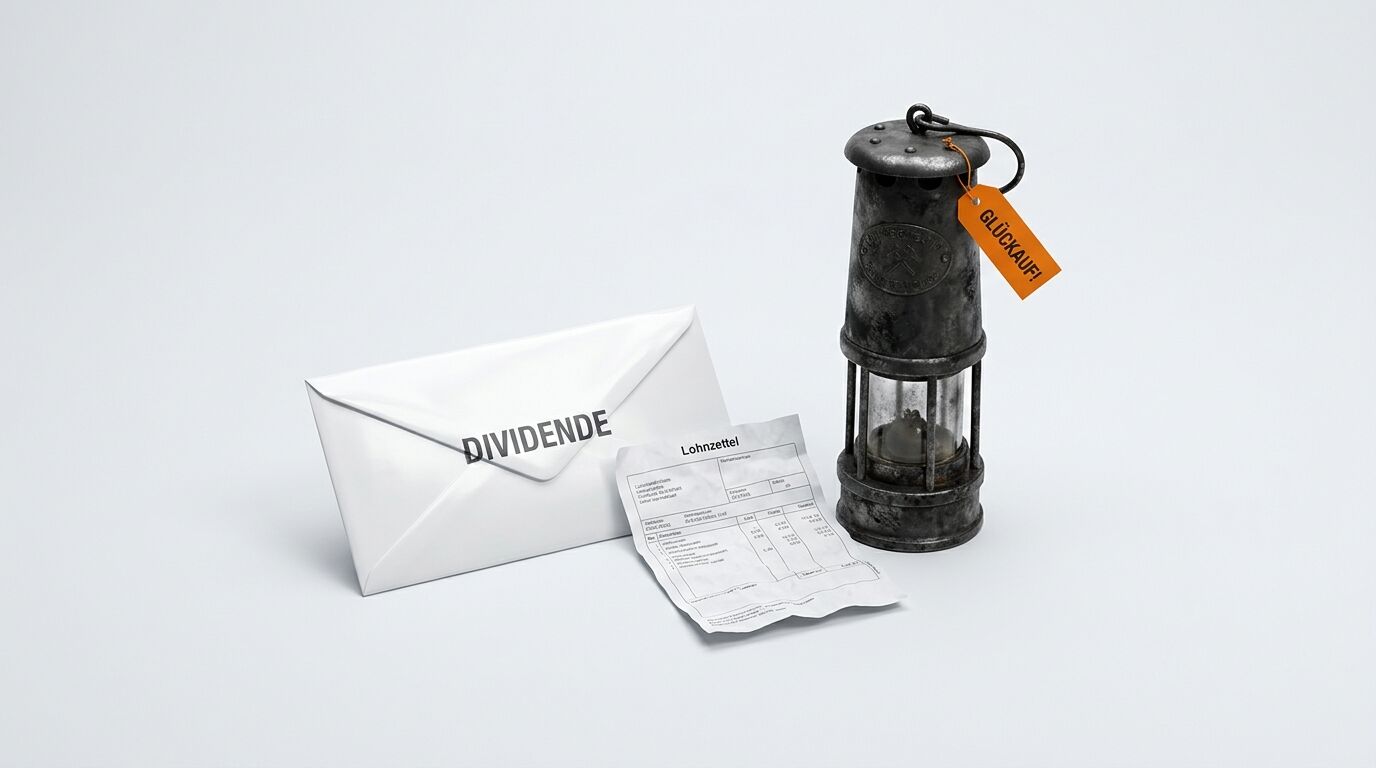 Briefumschlag, Lohnzettel, Grubenlampe mit Anhänger