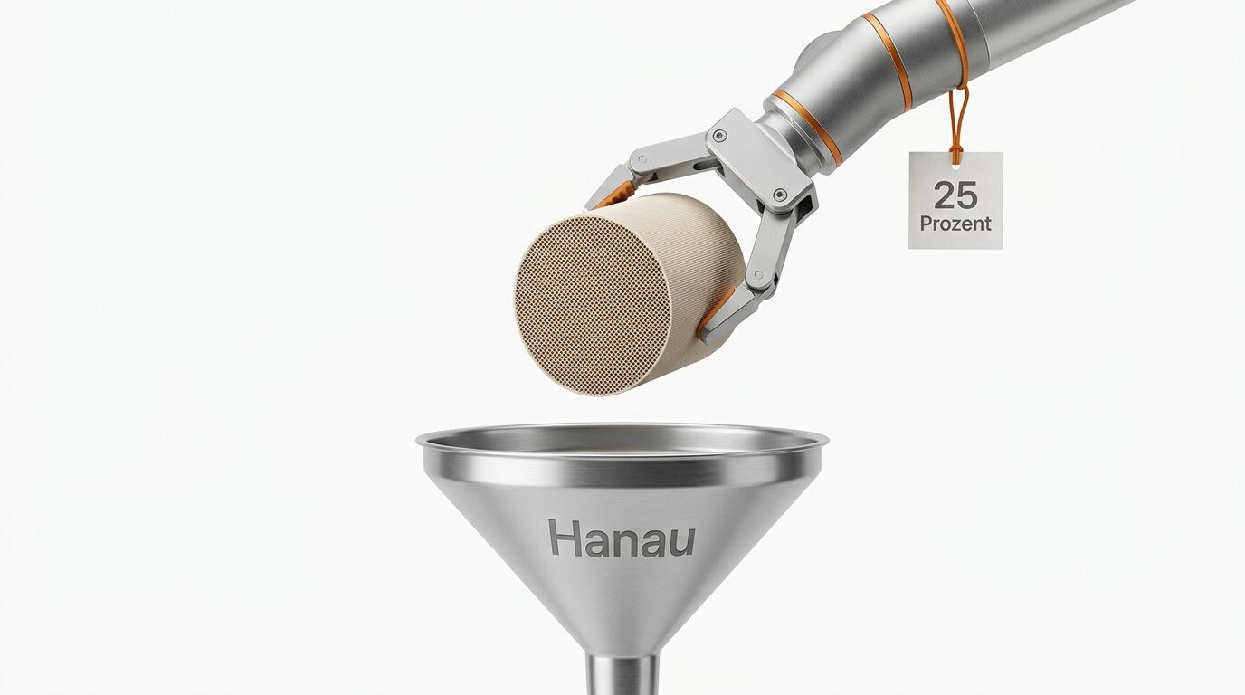 Roboterarm hält Keramikfilter über Trichter, beschriftet mit „Hanau“, „25 Prozent“-Schild