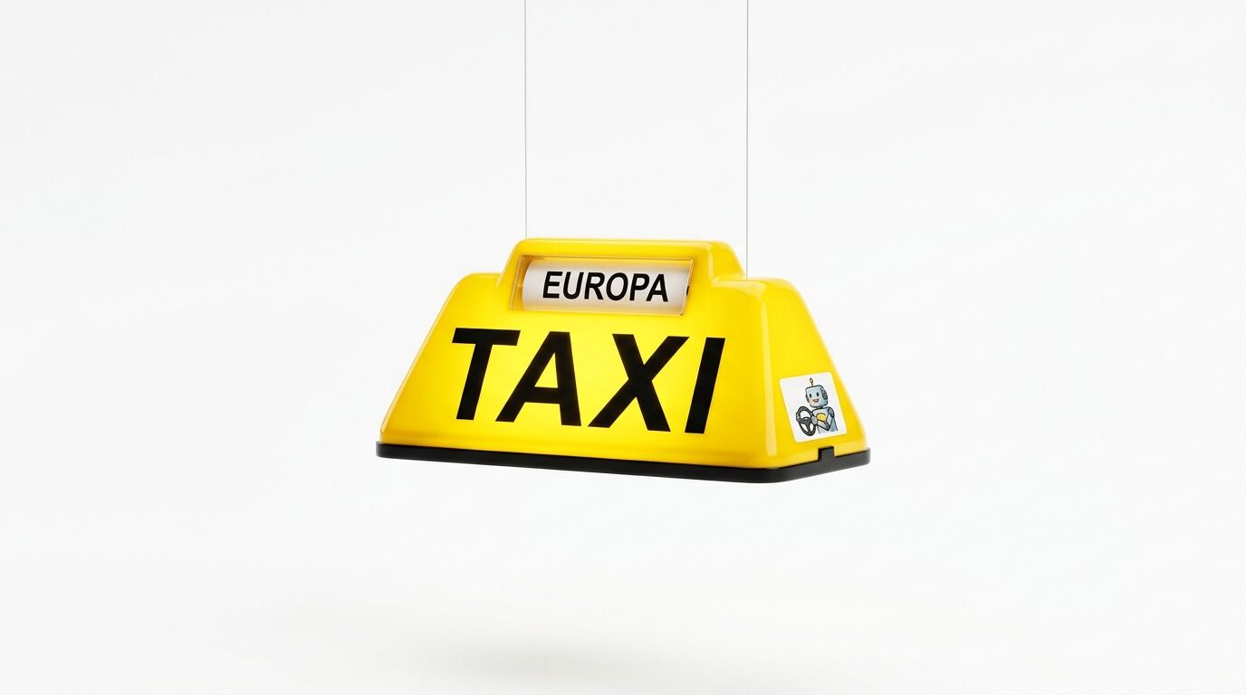 Ein hängendes, gelbes Taxischild mit der schwarzen Aufschrift „EUROPA TAXI“ auf weißem Grund