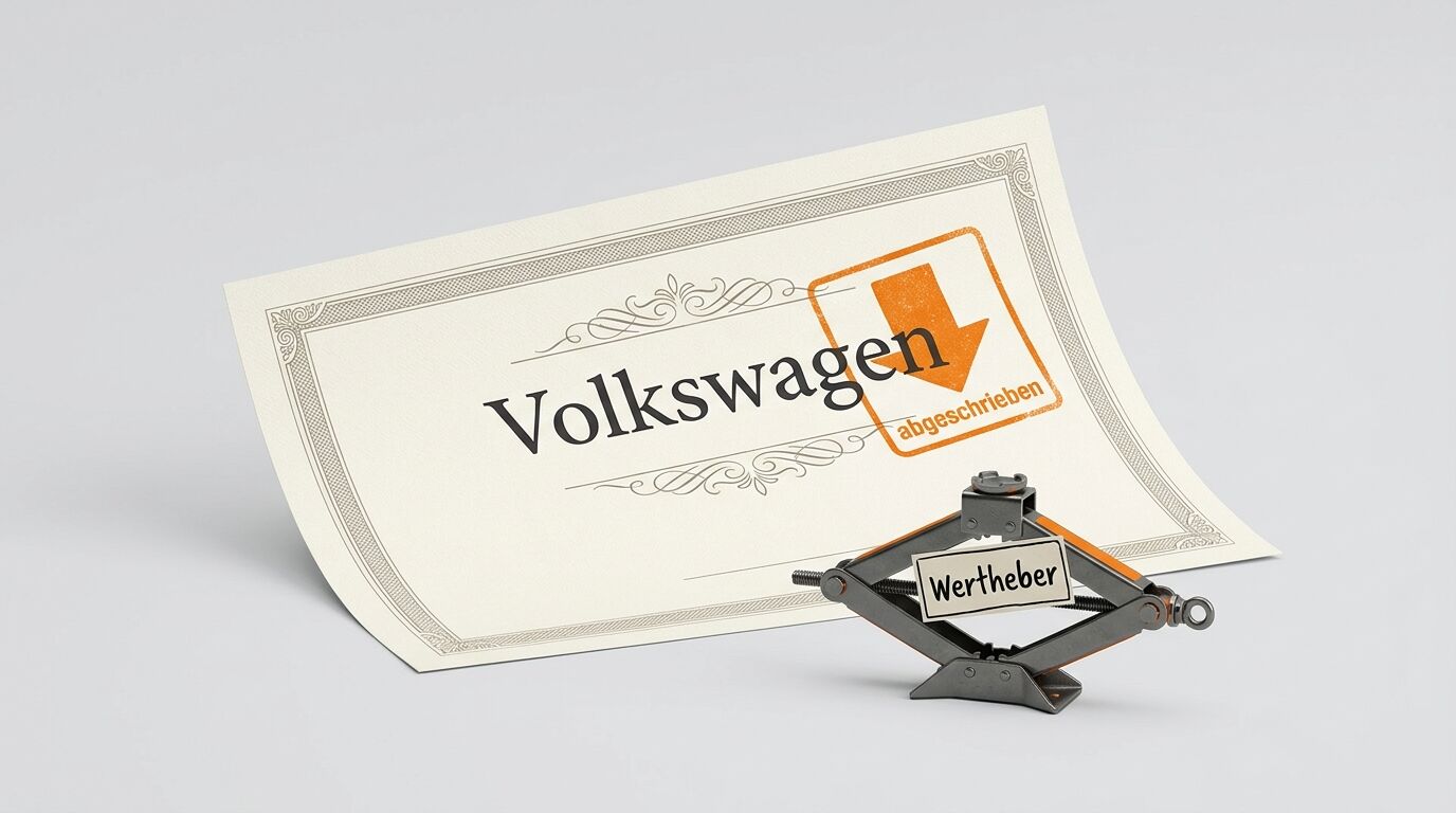 Urkunde mit Schriftzug Volkswagen, Stempel „abgeschrieben“, daneben Scherenwagenheber „Wertheber“