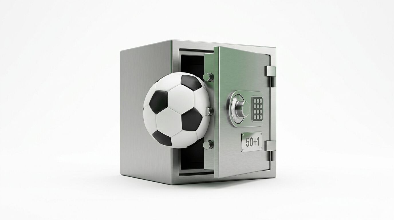 Offener Safe mit Fußball und Plakette