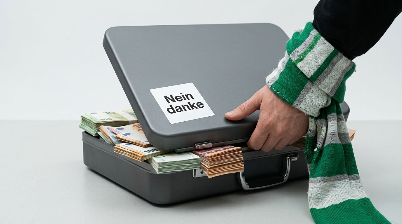 Hand am Aktenkoffer voller Euroscheine mit Aufkleber „Nein danke“ und Schal