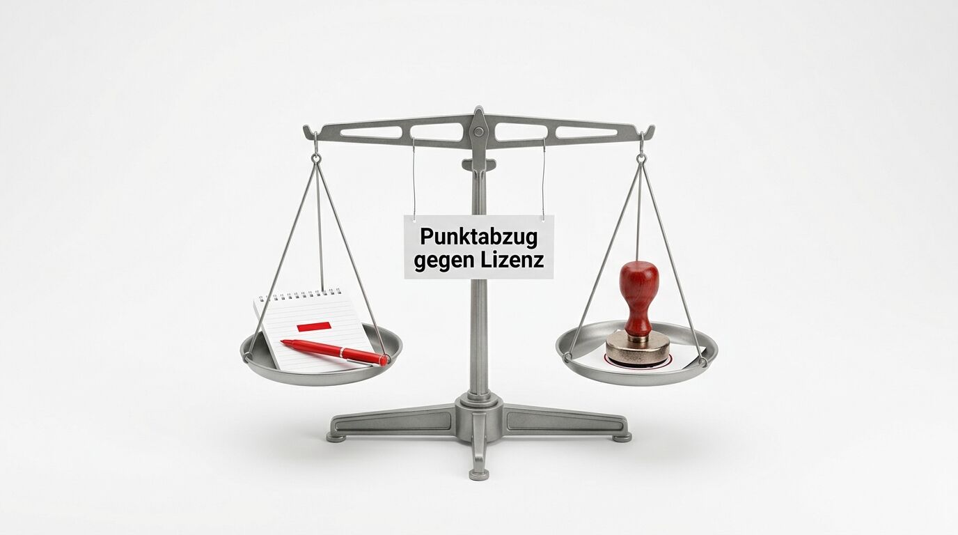 Waage mit Notizblock und Stift links, Stempel rechts und Schild mittig