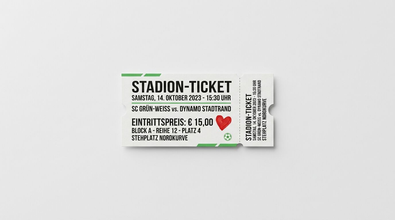 Stadion-Ticket für ein Fußballspiel am 14. Oktober 2023 mit einem roten Herzsymbol