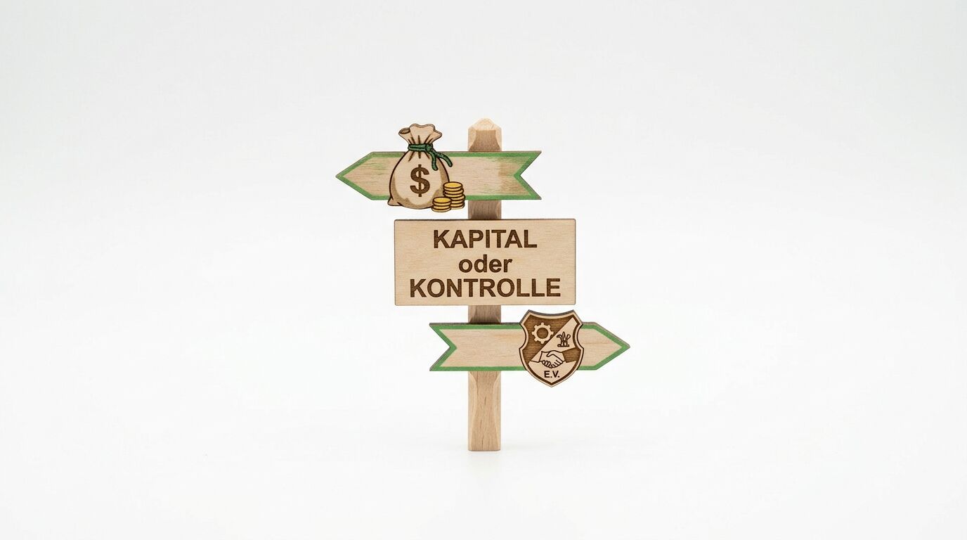 Holzwegweiser „KAPITAL oder KONTROLLE“ mit Geldsack und Vereinswappen auf Weiß