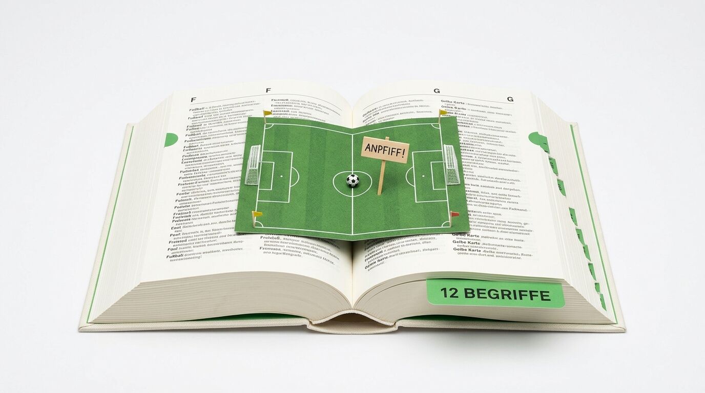 Aufgeschlagenes Wörterbuch mit aufgesetztem Fußball-Spielfeld und einem Schild mit „ANPFIFF!“