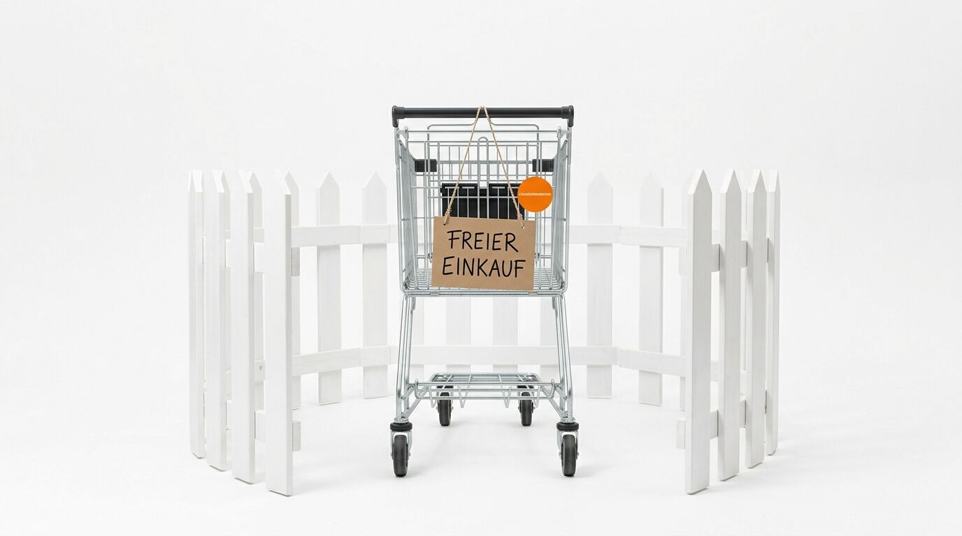 Ein Einkaufswagen hinter einem weißen Zaun, mit einem Schild: 