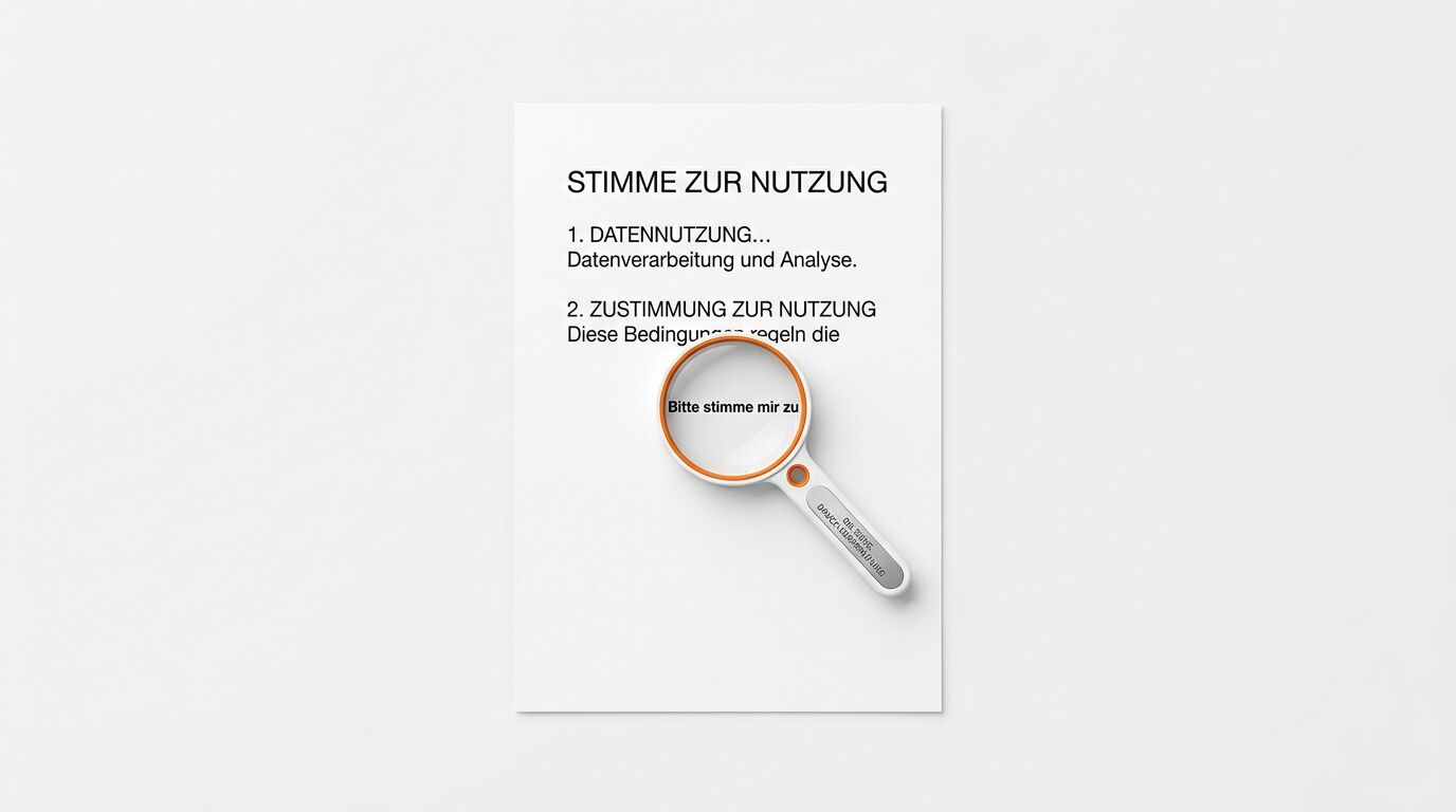 Lupe vergrößert Text „Bitte stimme mir zu“ auf einem Dokument zur Datennutzung