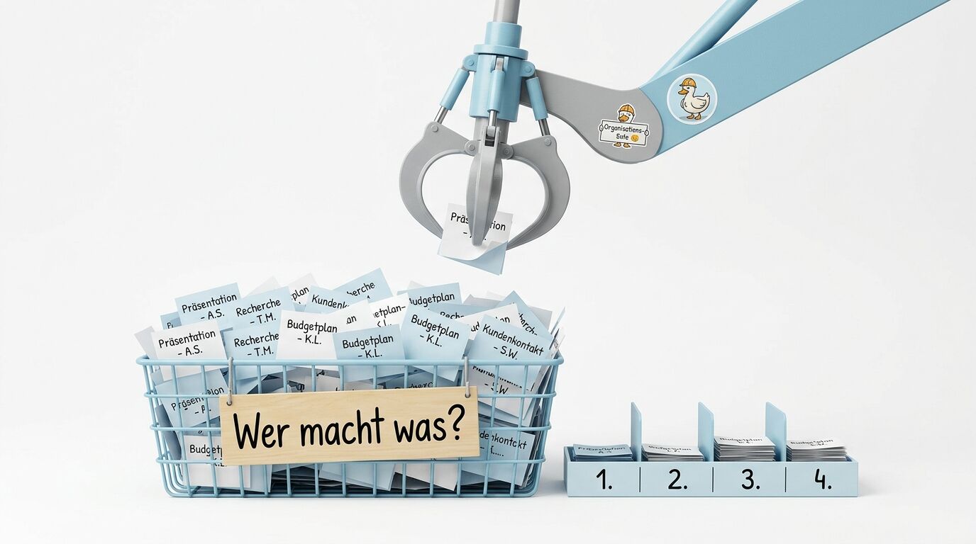 Kran greift Zettel mit Aufgaben aus einem Korb, die auf nummerierte Fächer verteilt werden