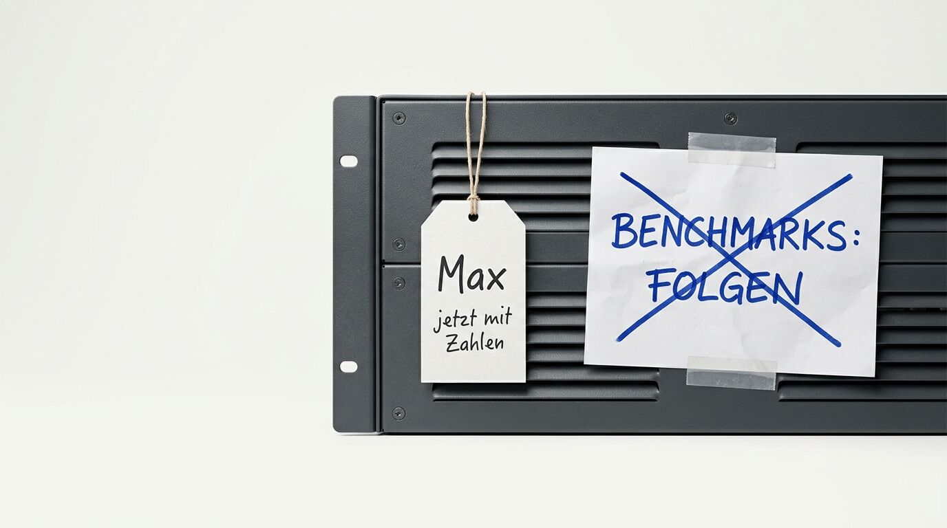 Hardware mit Anhänger (Max) und Notiz (Benchmarks: FOLGEN, durchgestrichen)