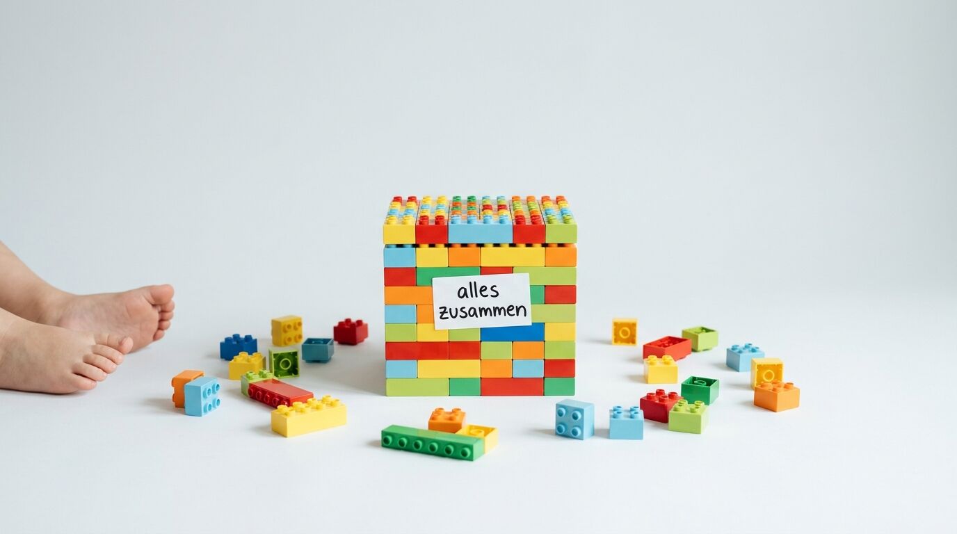 Lego-Box mit Schild, lose Steine und Babyfüße