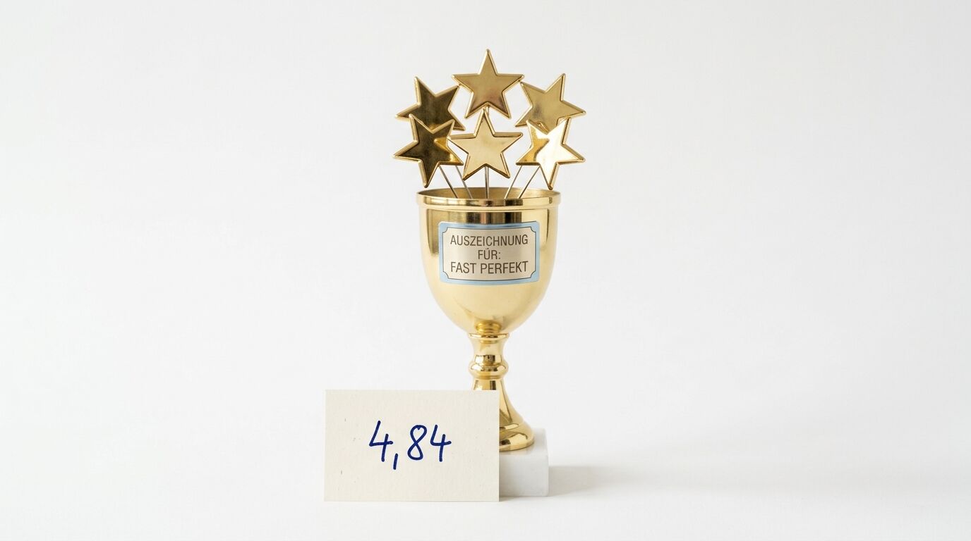 Goldener Pokal mit fünf Sternen und Etikett, daneben Karte mit handschriftlicher Zahl „4,84“