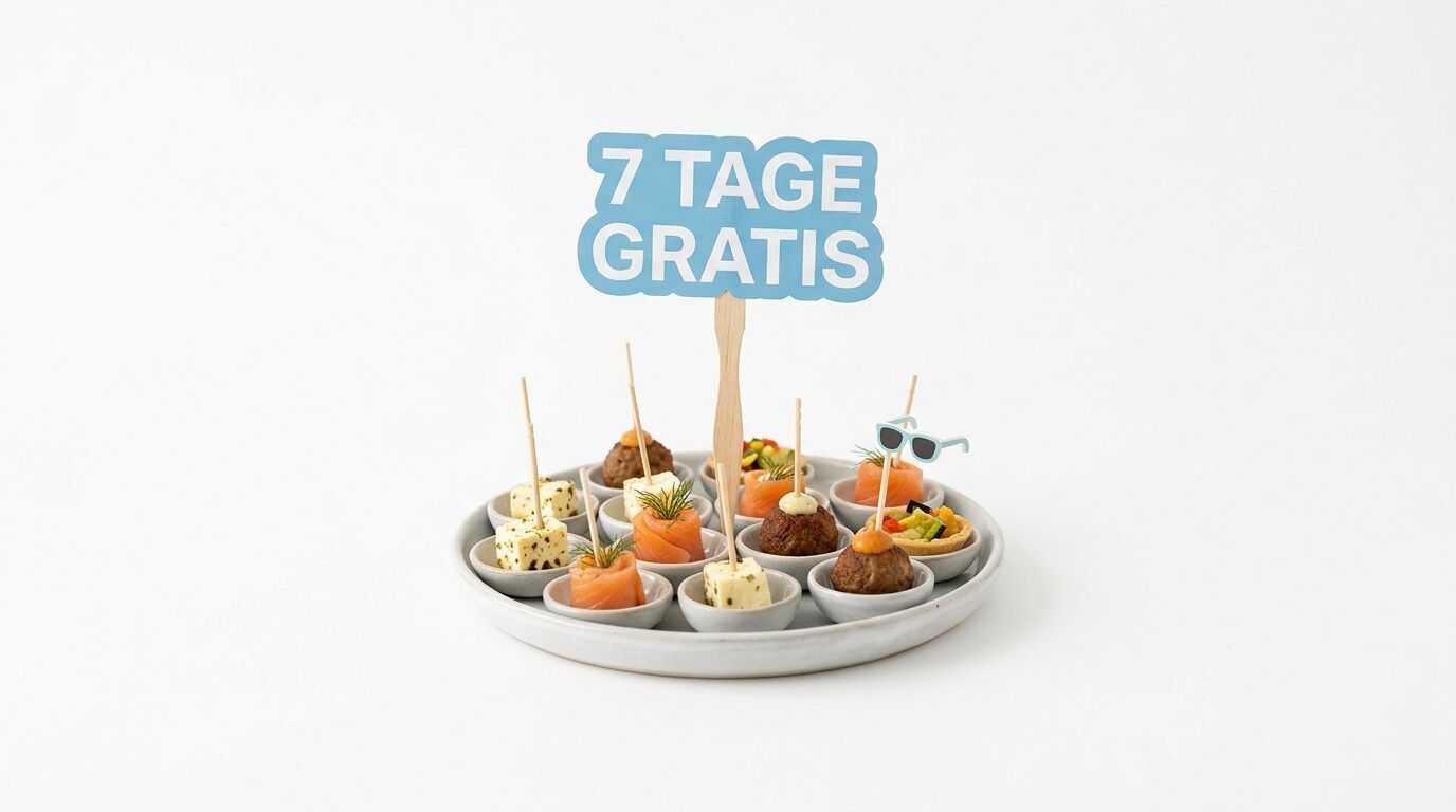 Häppchen-Teller mit einem Schild „7 Tage Gratis“ vor weißem Hintergrund