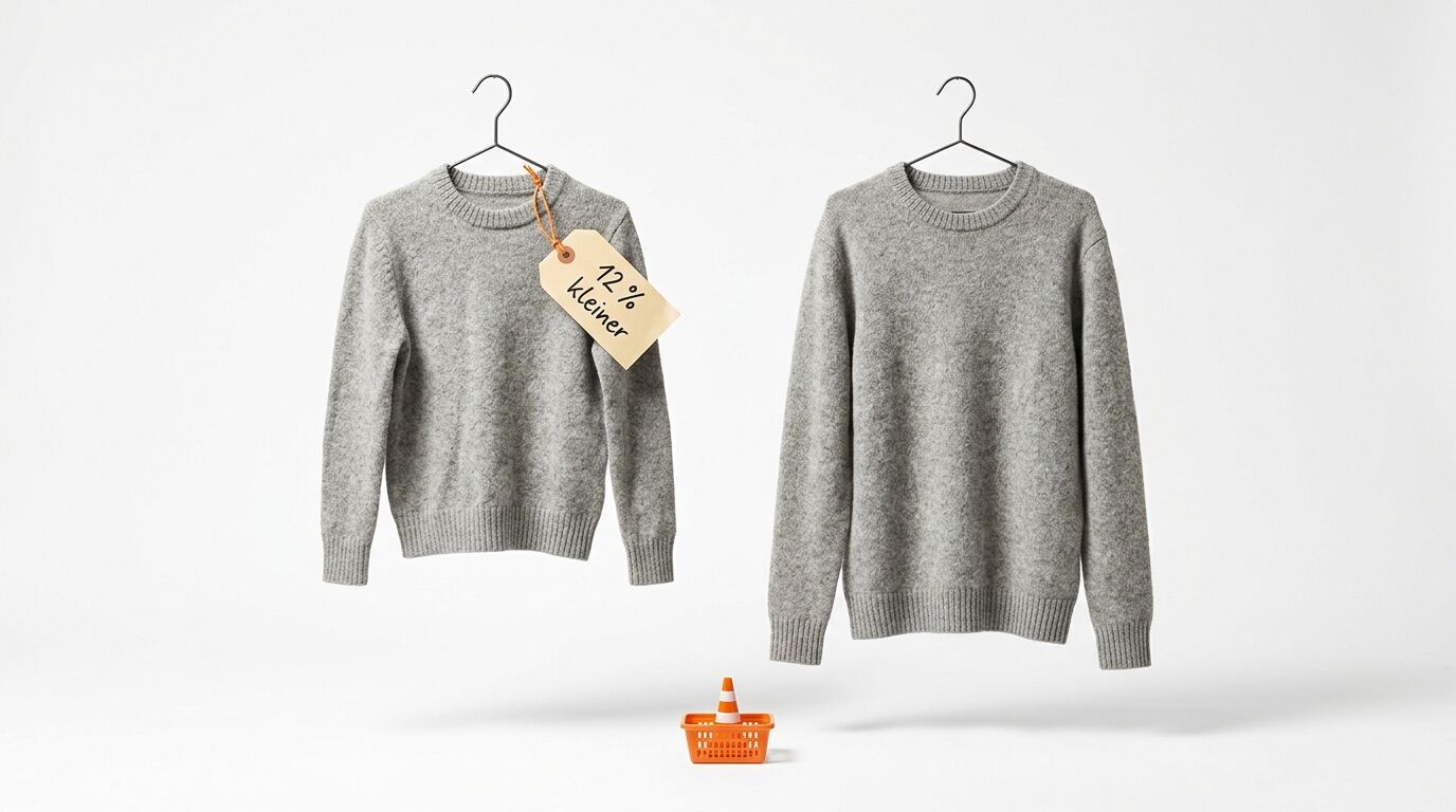 Zwei graue Pullover auf Kleiderbügeln, links kleiner mit „12 % kleiner“-Schild, Korb unten