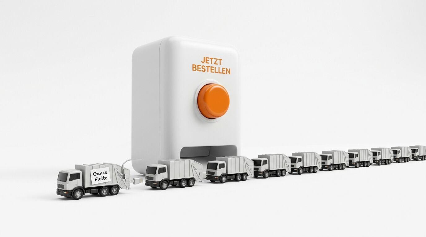 Modell-LKW fahren aus einem Automaten mit dem Text „JETZT BESTELLEN“
