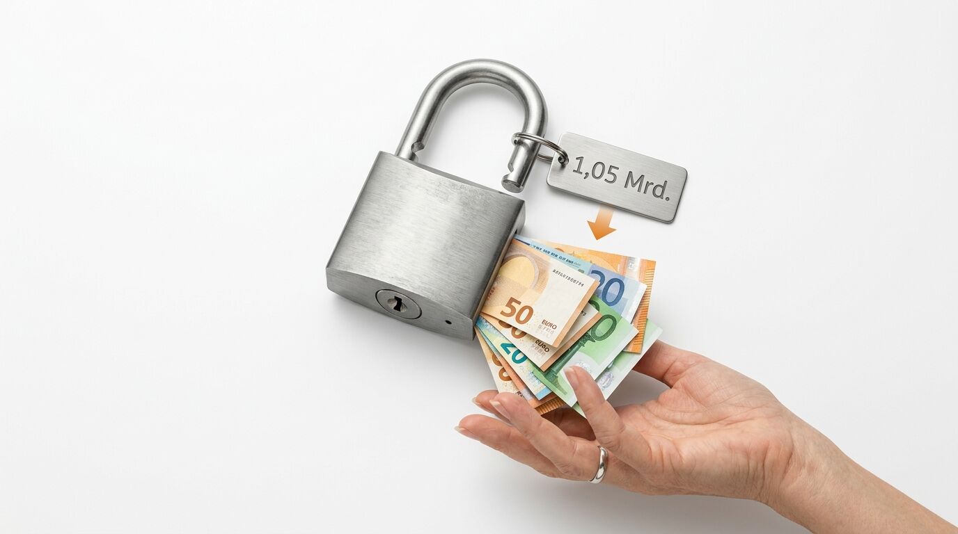 Hand empfängt Euro-Scheine aus geöffnetem Schloss mit Preisschild
