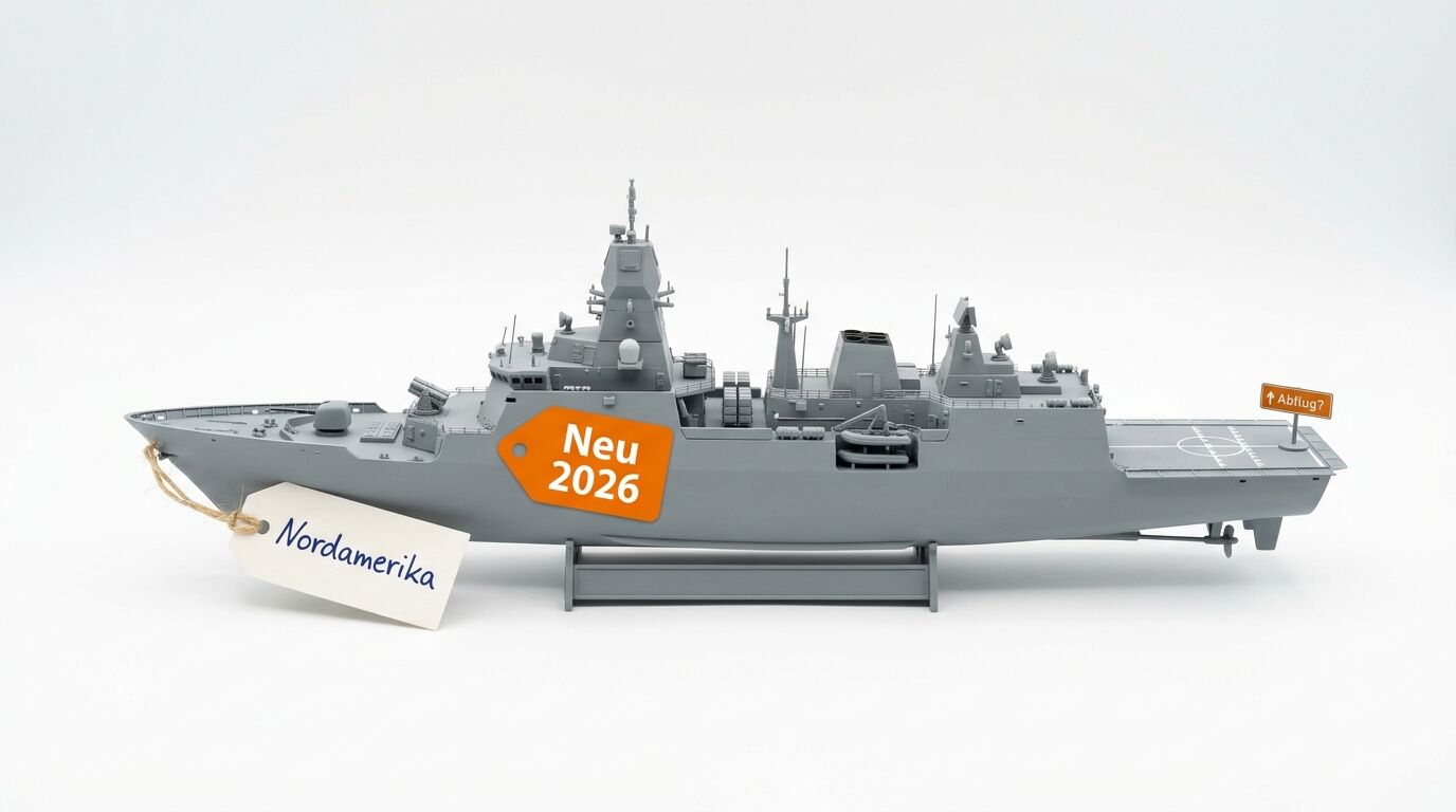 Schiffsmodell mit Etiketten „Nordamerika“, „Neu 2026“ und „Abflug?“ vor weißem Hintergrund