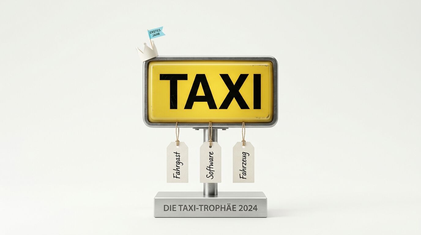 Ein Pokal mit Taxischild und beschrifteten Anhängern auf weißem Grund
