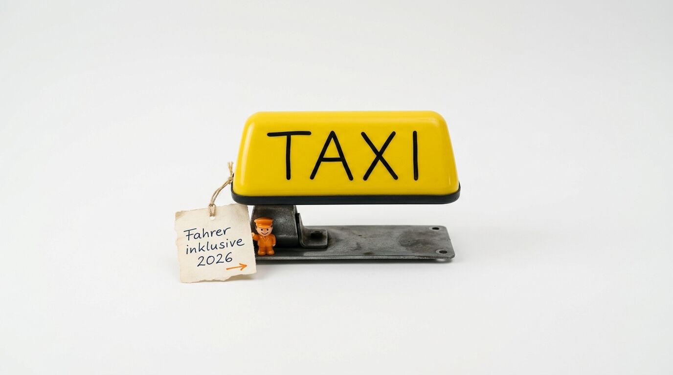 Ein Taxischild mit einem winzigen Fahrer und einem Preisschild vor weißem Hintergrund