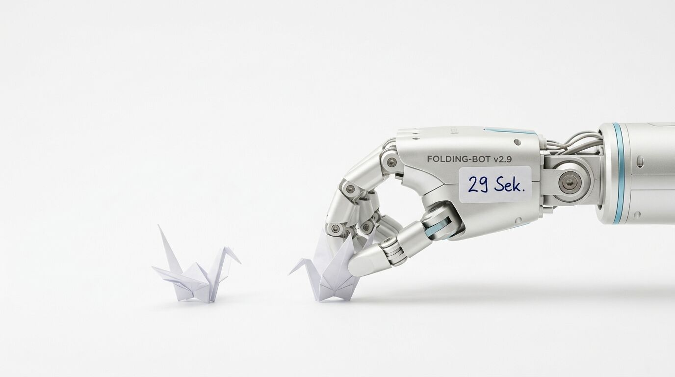 Roboterhand mit Beschriftung hält Origami-Kranich, zweiter Kranich links