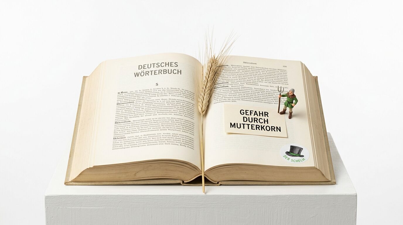 Aufgeschlagenes Wörterbuch mit Ähre, Bauernfigur und Warnhinweis zum Thema Mutterkorn