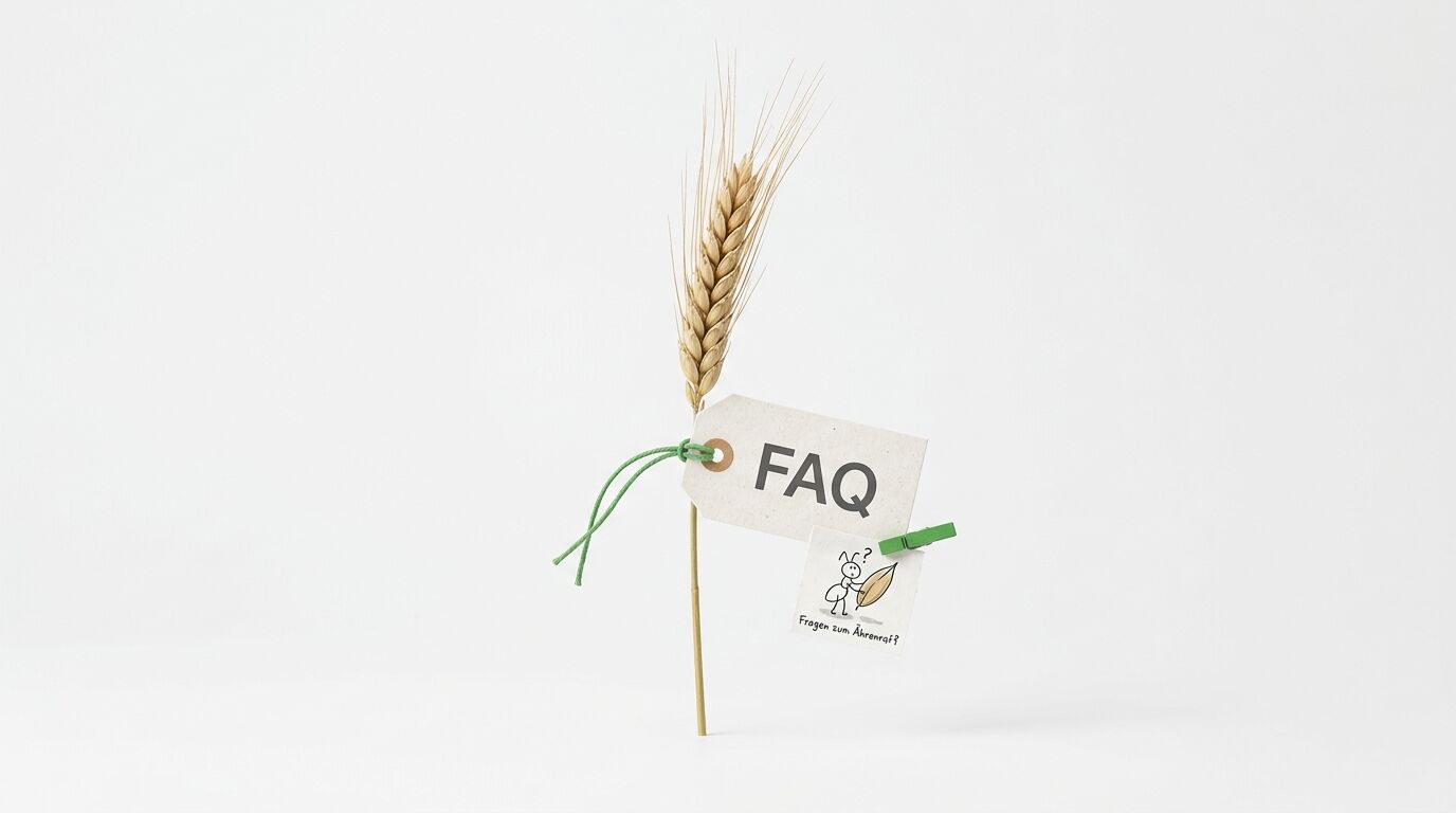 Getreideähre mit FAQ-Schild und Ameisen-Zeichnung vor weißem Hintergrund