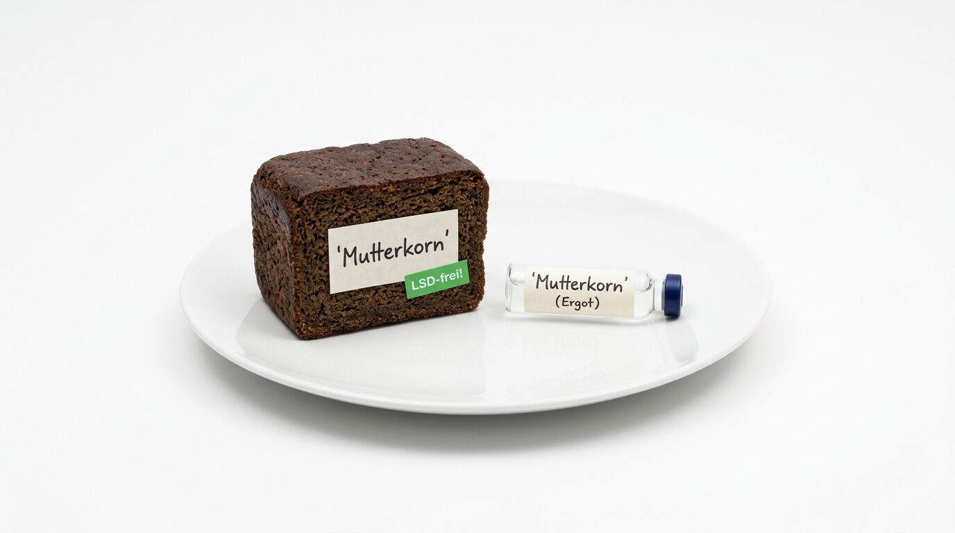 Schwarzbrotstück und Glasfläschchen mit der Aufschrift „Mutterkorn“ auf weißem Teller