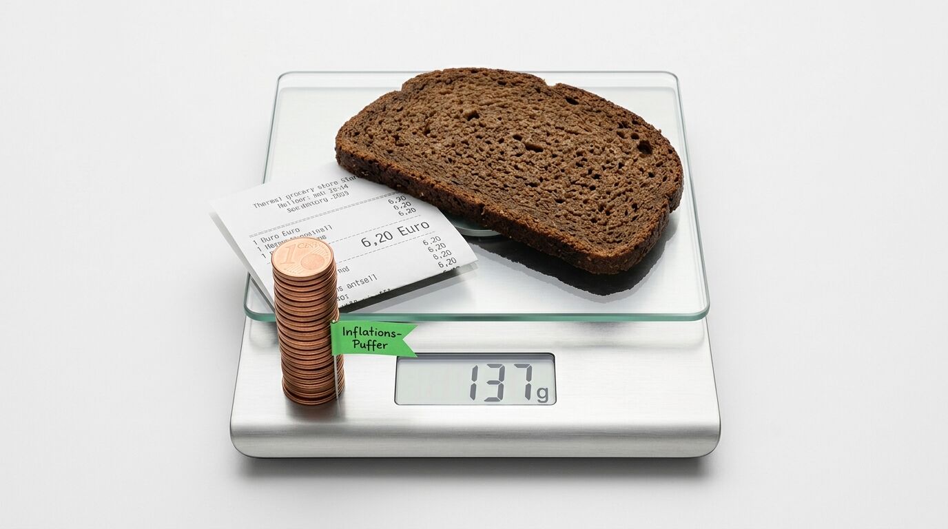Eine Scheibe Schwarzbrot, Kassenzettel und ein Stapel Münzen auf einer Digitalwaage