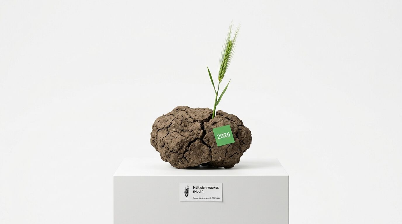 Grüne Ähre auf trockenem Erdbrocken mit Jahreszahl 2026 auf weißem Podest