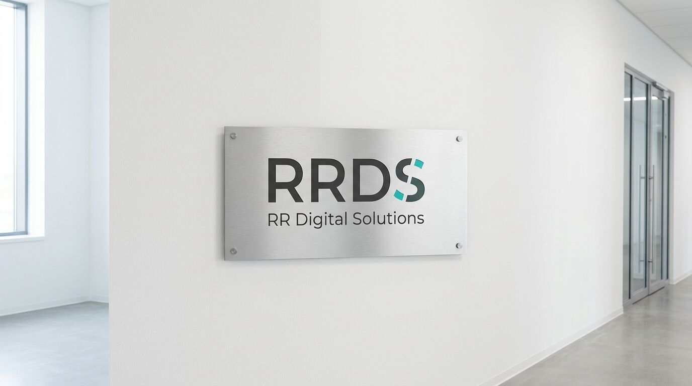 Wandschild aus Metall mit Firmenlogo RRDS in einem hellen, modernen Flur