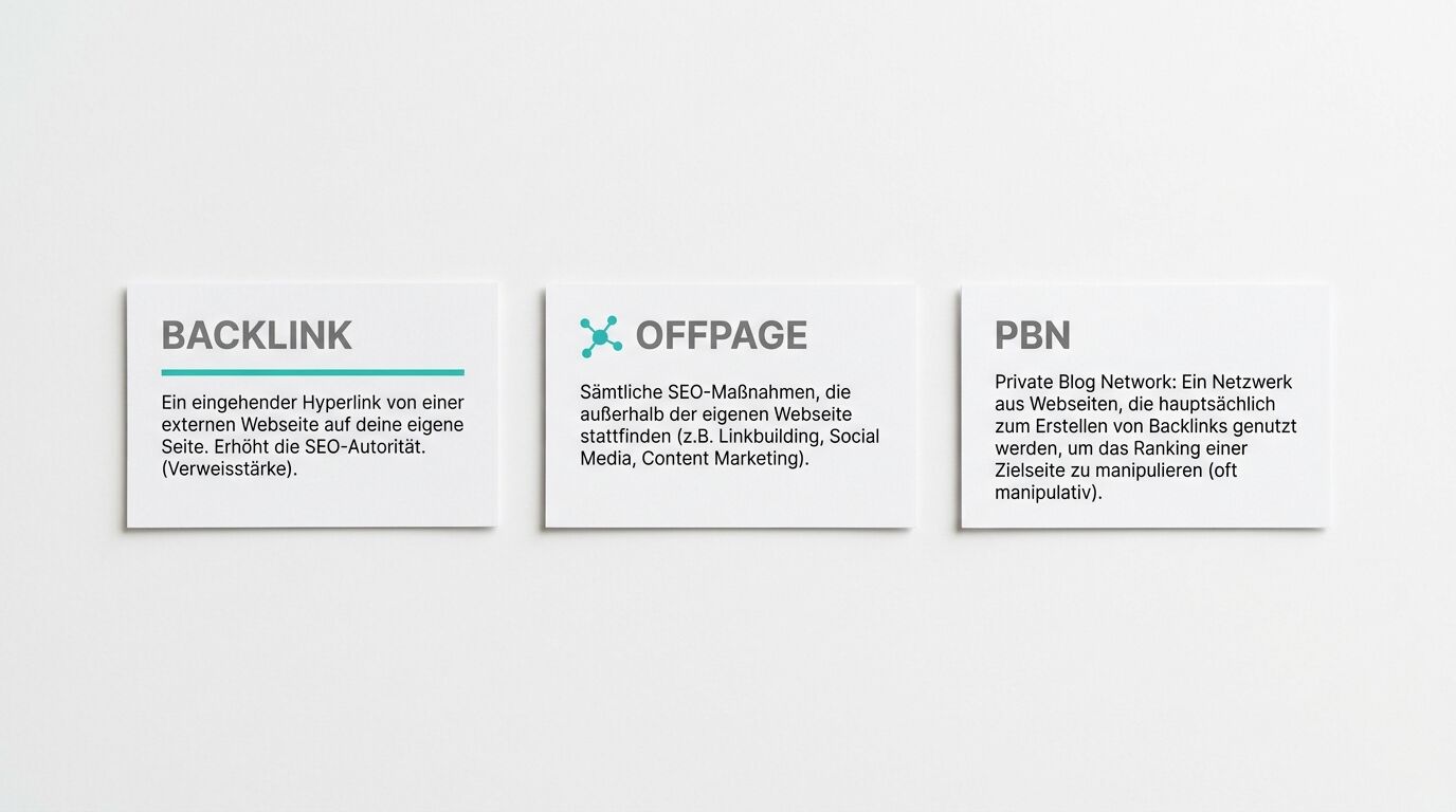 Drei weiße Karten mit deutschen SEO-Definitionen für Backlink, Offpage und PBN