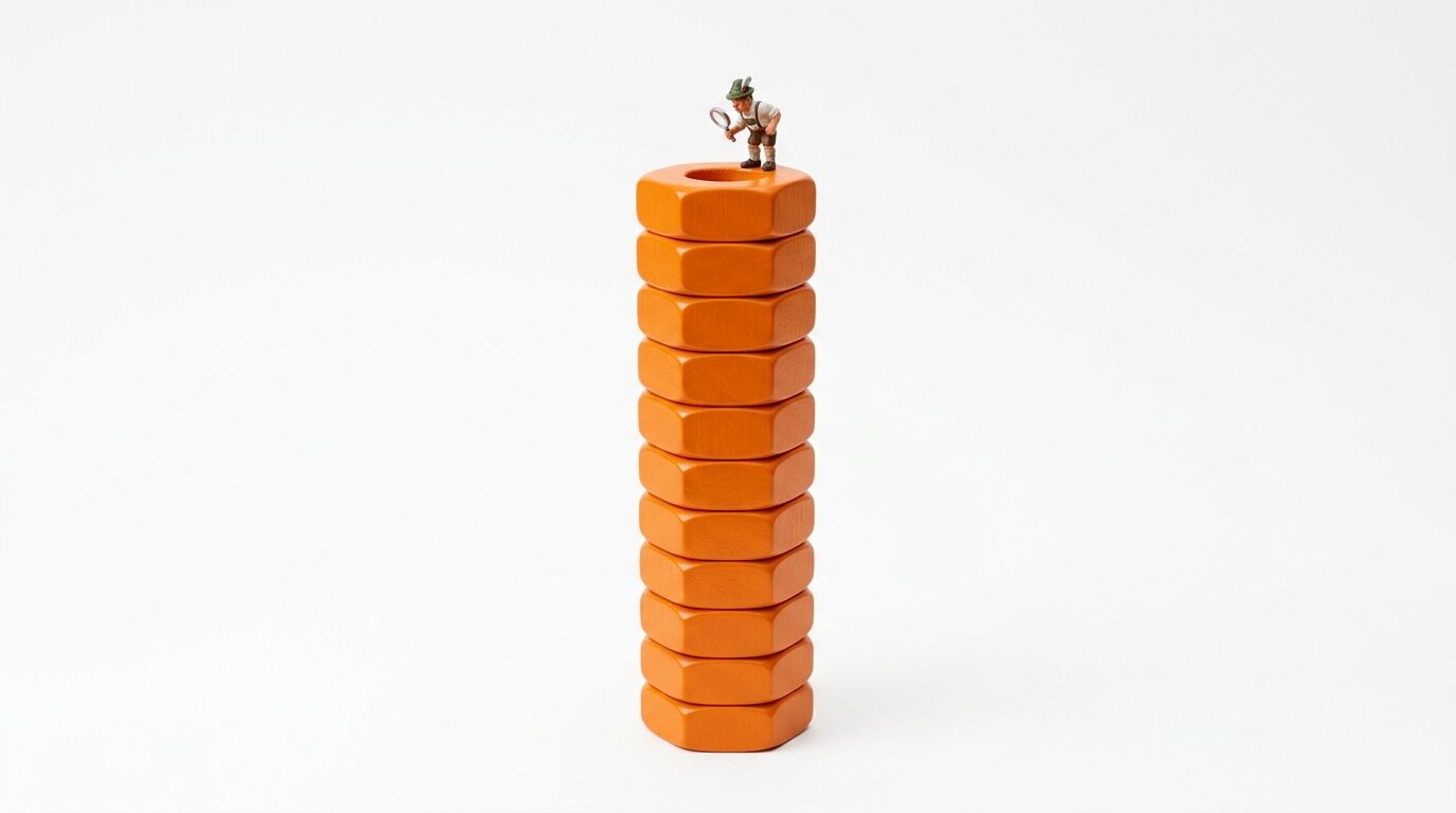Miniatur-Mann in Lederhosen mit Lupe blickt in Stapel orangefarbener Sechskantmuttern