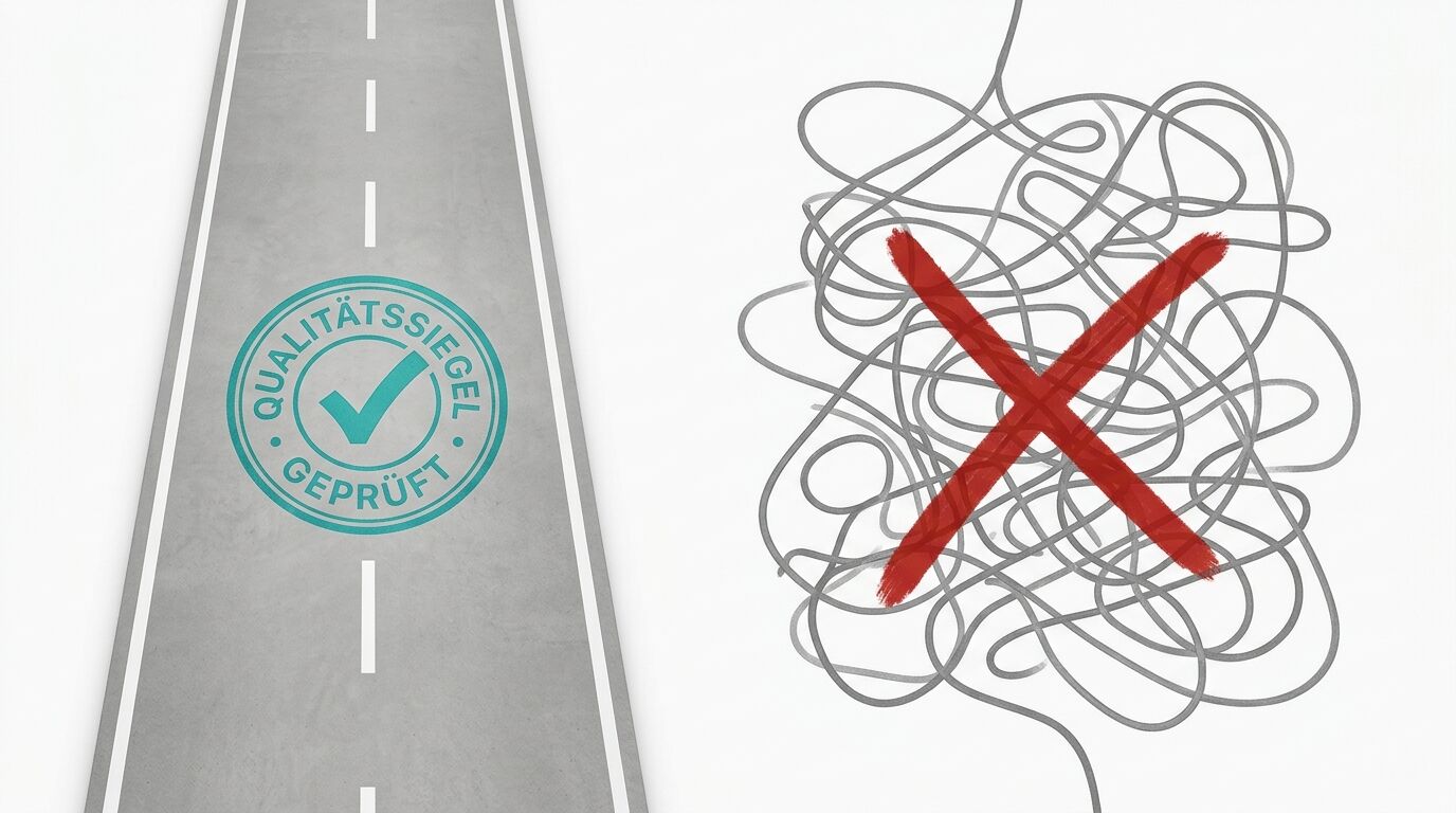 Straße mit Siegel „GEPRÜFT“ und Linienknäuel mit rotem „X“ auf weißem Hintergrund