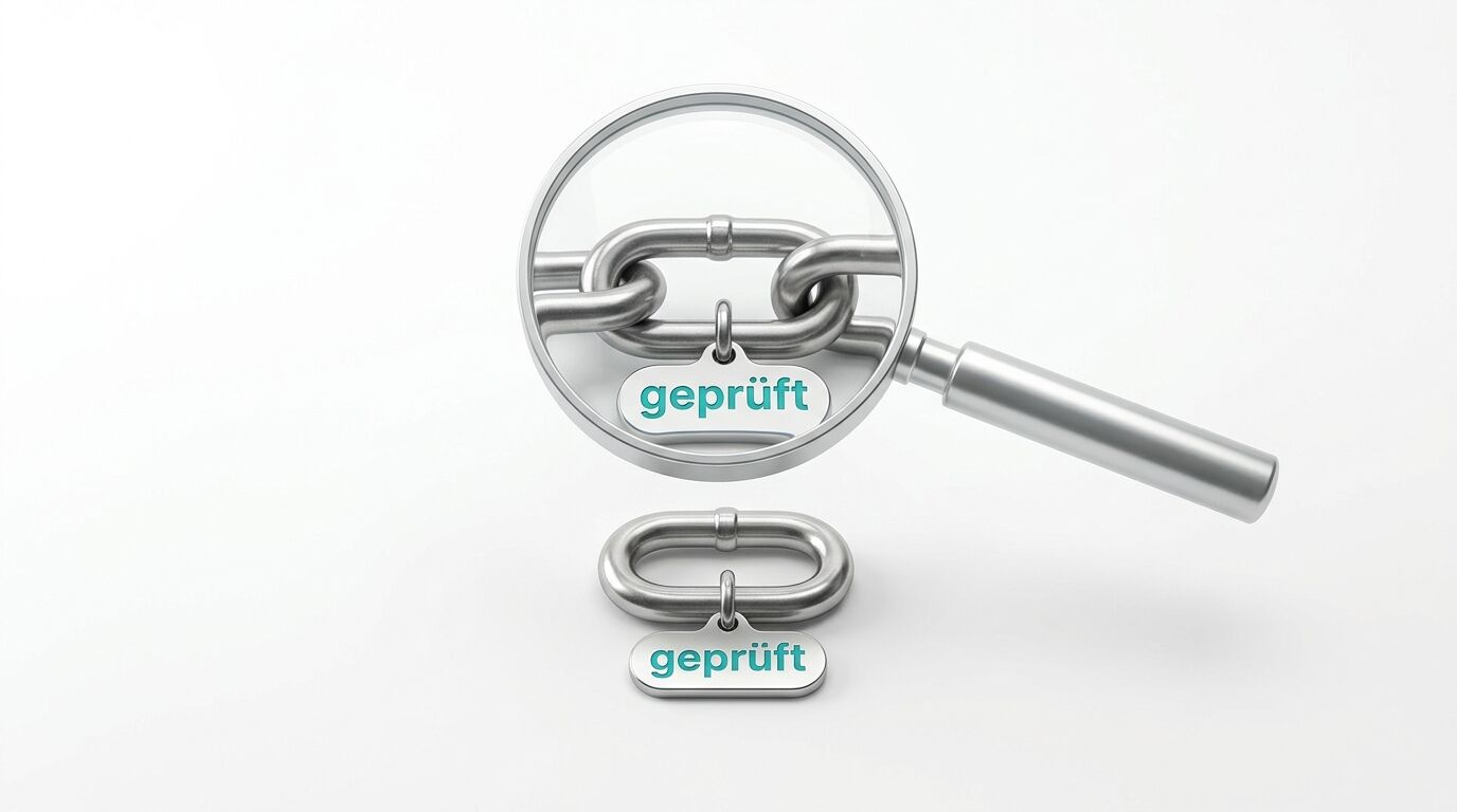 Eine Lupe vergrößert einen Teil einer Kette mit dem türkisfarbenen Wort „geprüft“
