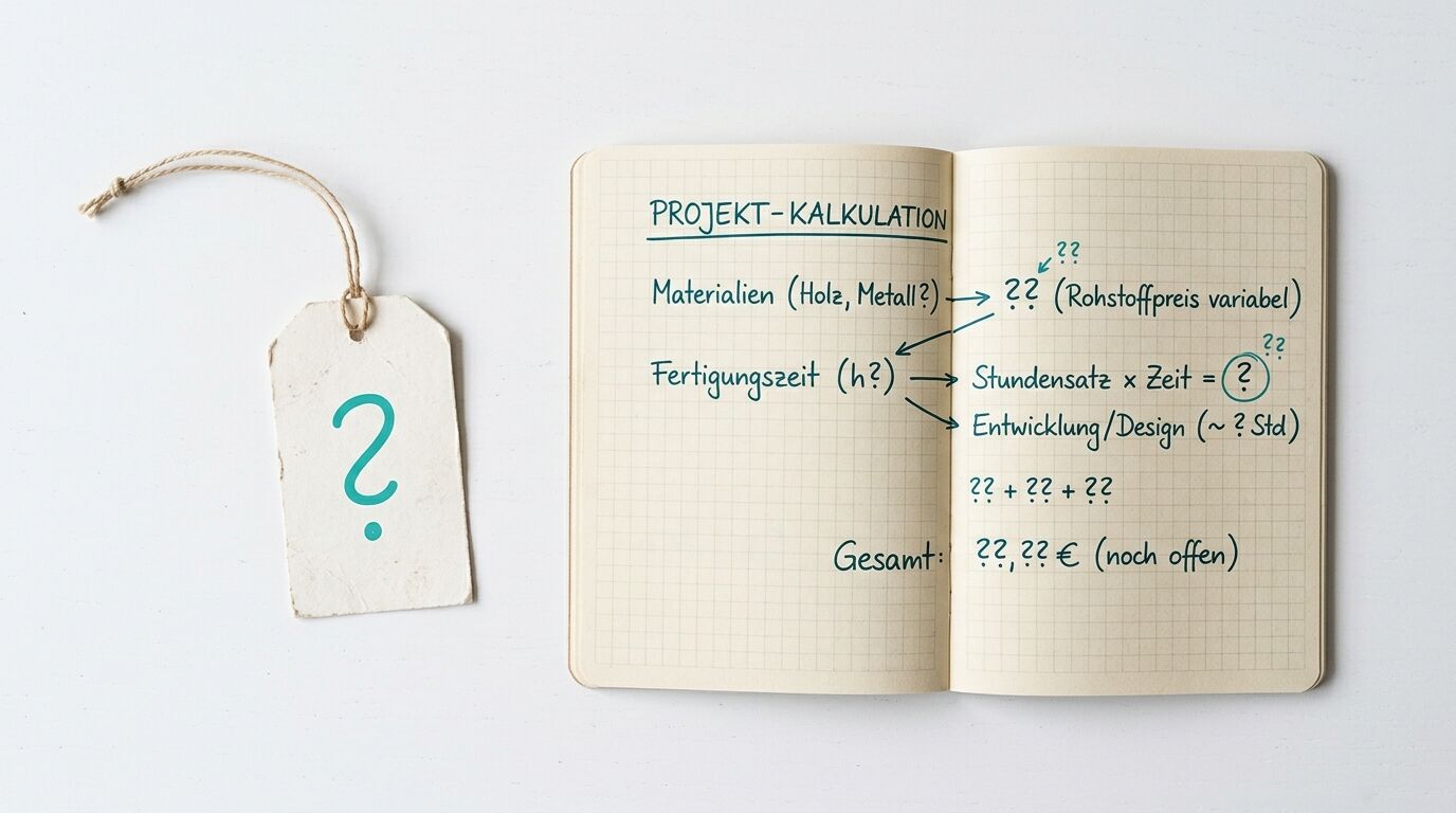 Ein Etikett mit Fragezeichen liegt neben einem Notizheft mit „PROJEKT-KALKULATION“