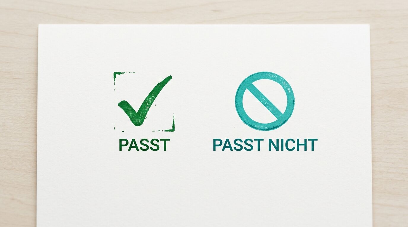 Grüner Haken „PASST“ und türkises Verbotszeichen „PASST NICHT“ auf Papier