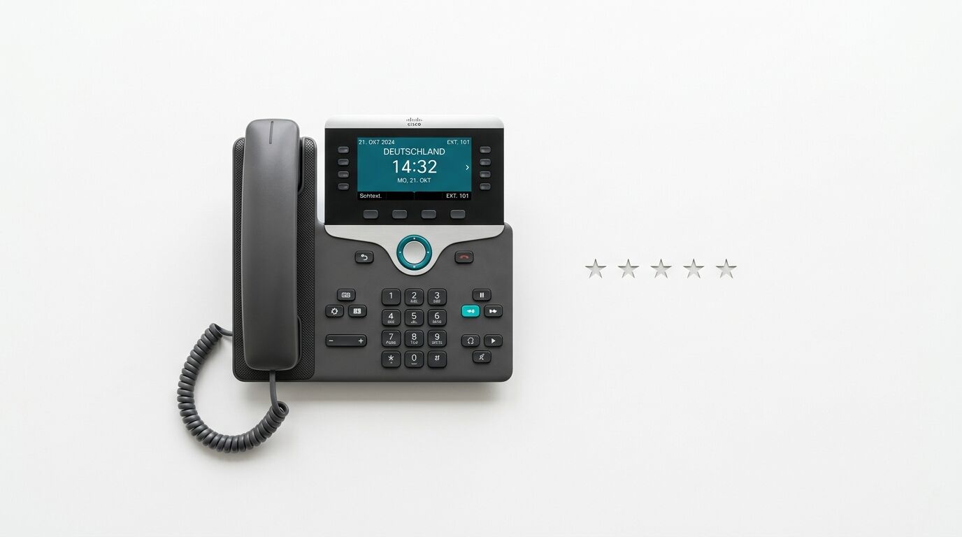 Schwarzes IP-Telefon auf weißem Grund, rechts fünf graue Sterne in Reihe