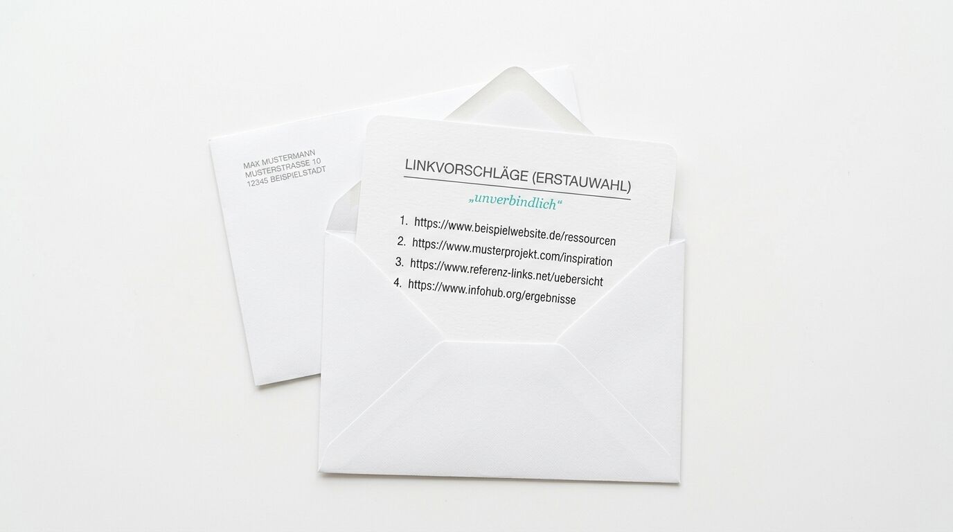 Zwei weiße Umschläge, ein Brief mit Linkvorschlägen, eine Visitenkarte im Hintergrund