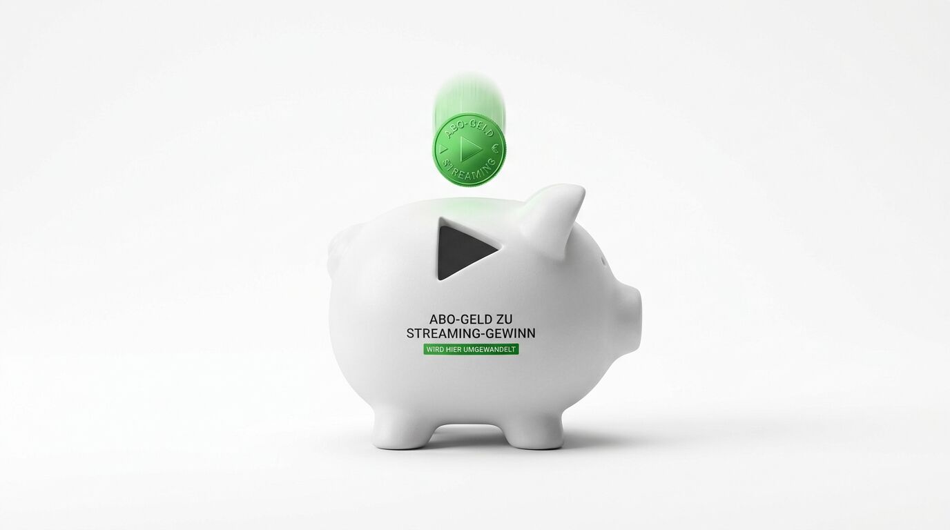 Sparschwein mit Dreieckschlitz und Aufschrift, darüber eine grüne, fallende Münze mit Text