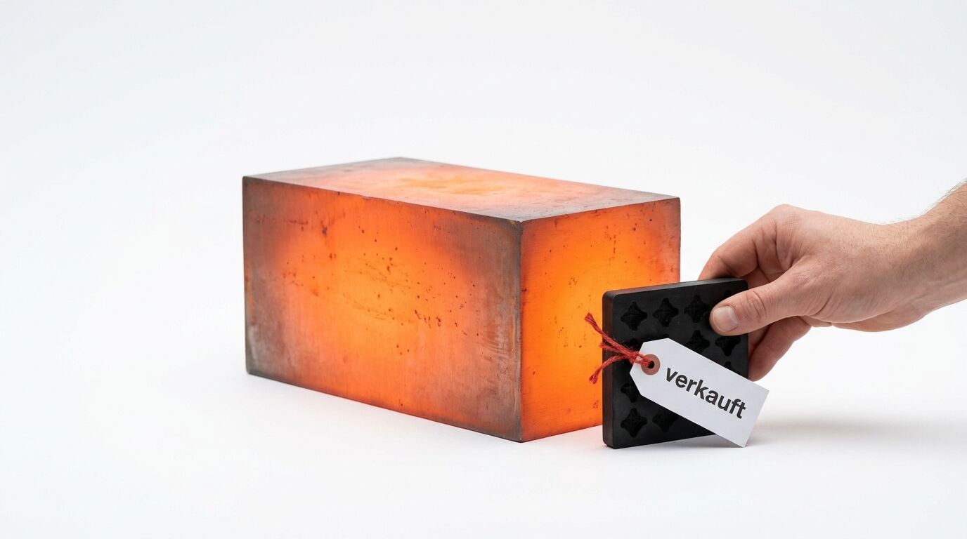 Glühender Metallquader, eine Hand hält schwarze Platte mit „verkauft“-Schild vor weißem Hintergrund