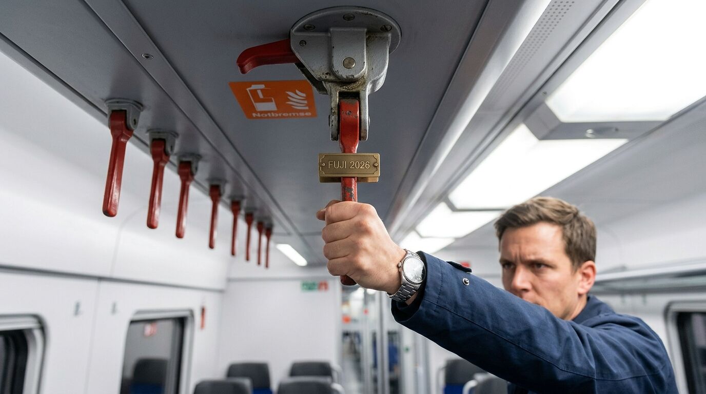 Mann zieht rote Notbremse im Zug, mit Plakette „FUJI 2026“ und Uhr am Handgelenk