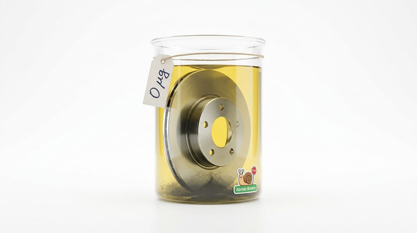 Bremsscheibe in einem Glasbecher mit Flüssigkeit, Schlamm und Aufklebern