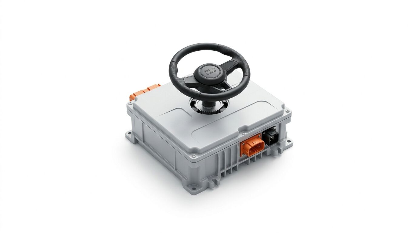 Ein schwarzes Lenkrad ist direkt auf einem grauen Elektronikgehäuse mit Anschlüssen montiert