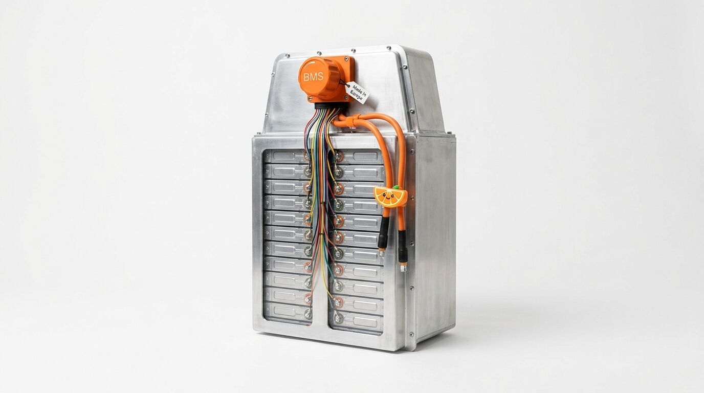 Silbernes Batteriegehäuse mit gestapelten Zellen, BMS-Steuerung und orangefarbenen Kabeln