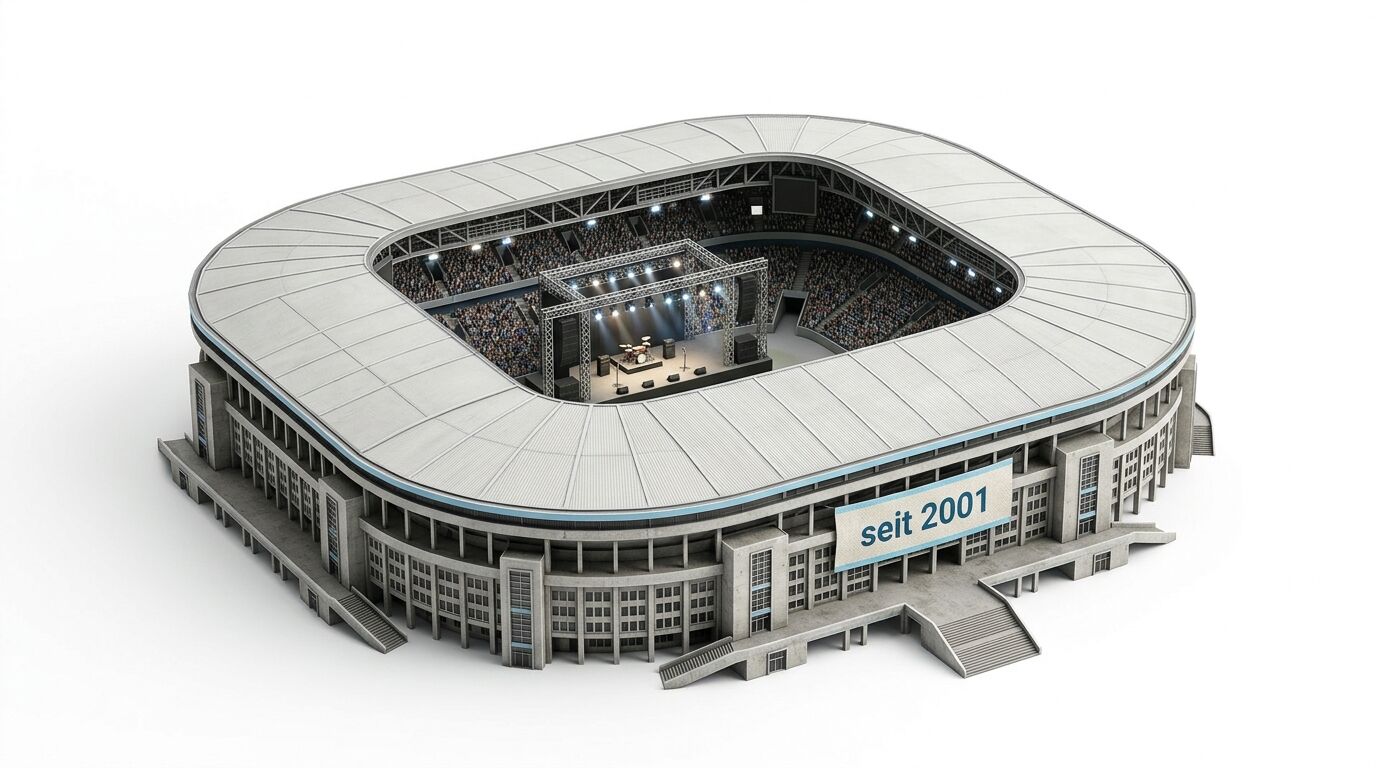 Stadiummodell mit Konzertbühne und Banner „seit 2001“, auf weißem Hintergrund
