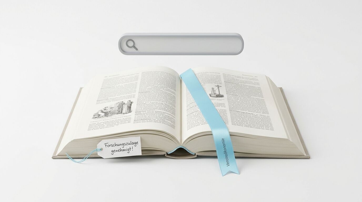 Offenes Buch mit Suchleiste, Lesezeichen und Etikett auf weißem Grund