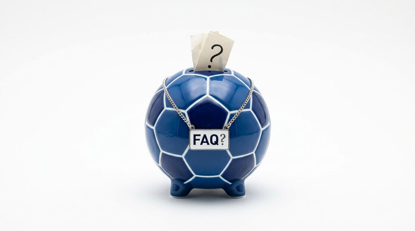Blaue Fußball-Spardose mit FAQ-Schild und Zettel mit Fragezeichen vor weißem Hintergrund