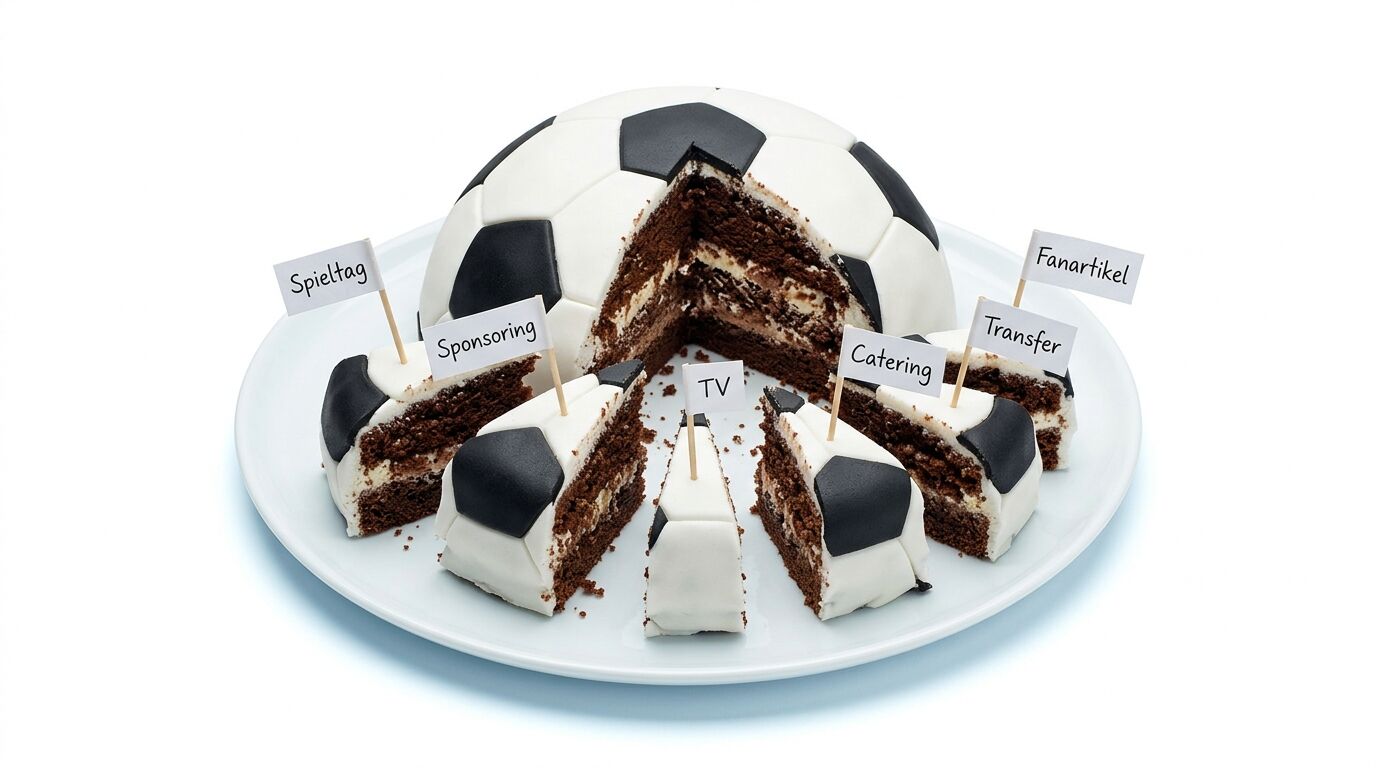 Fußballtorte auf weißem Teller mit sechs Stücken und beschrifteten Fähnchen auf weißem Grund